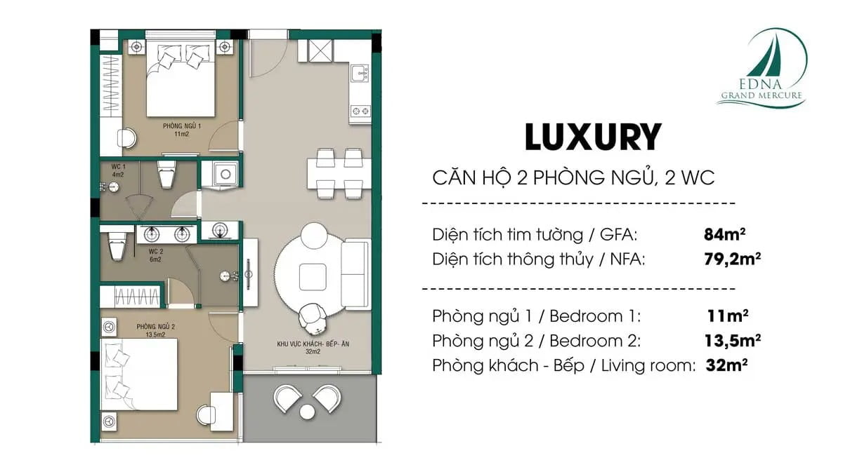 Căn Luxury 2 Phòng ngủ Edna Grand Mercure 84 m2