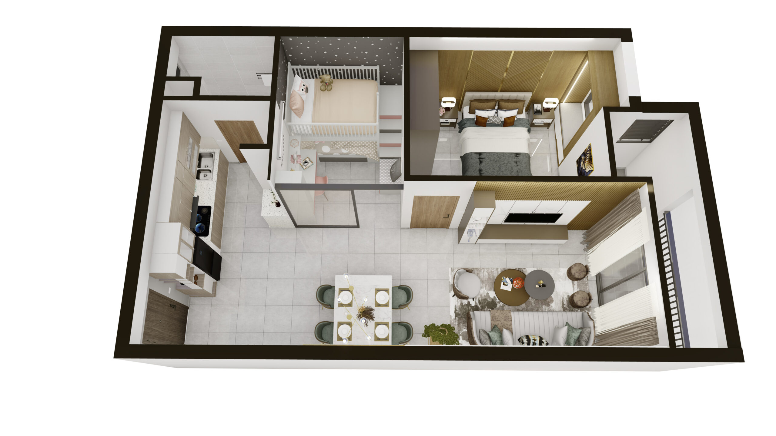 Mẫu căn hộ 2PN 1WC - 3D